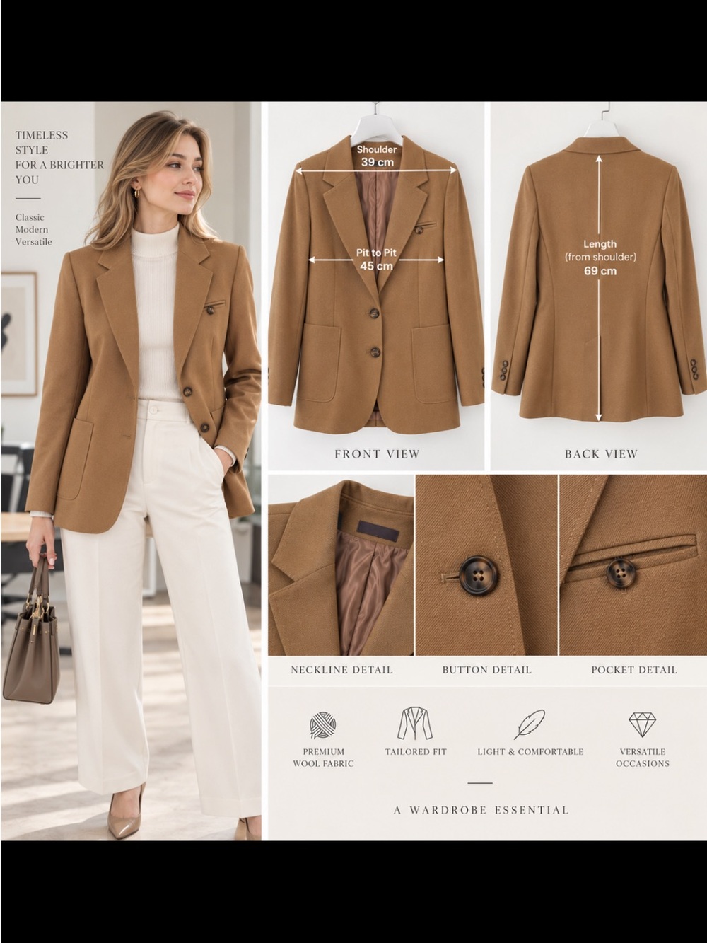💯 Wool Classic Tailored Blazer in Camel Brown M